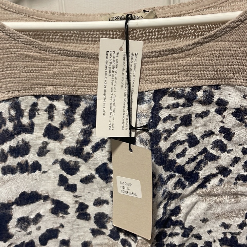 NWT Lungo L'Arno 100% Linen Tie-Dye Navy & Natural Mixed-Media Tunic - Picture 4 of 11